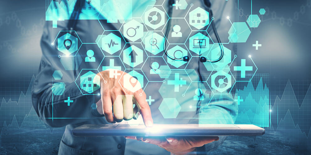 hexagon medical icons floating above a tablet