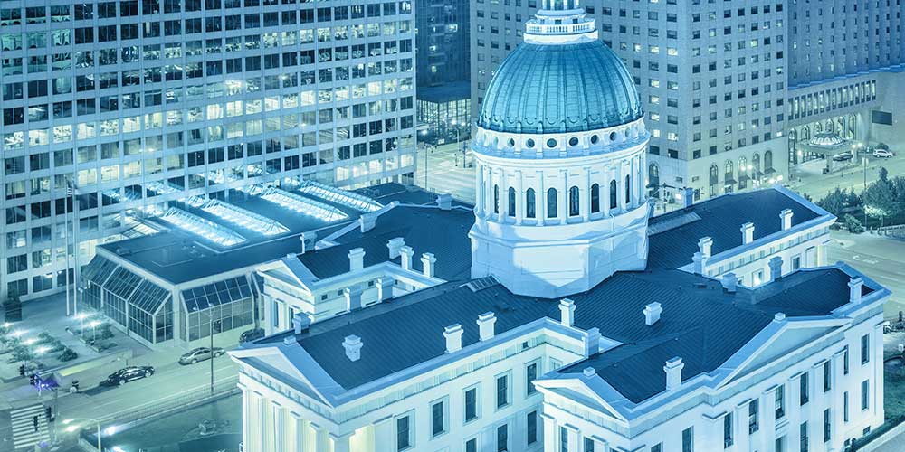 aerial shot of St. Louis, Missouri's capitol building