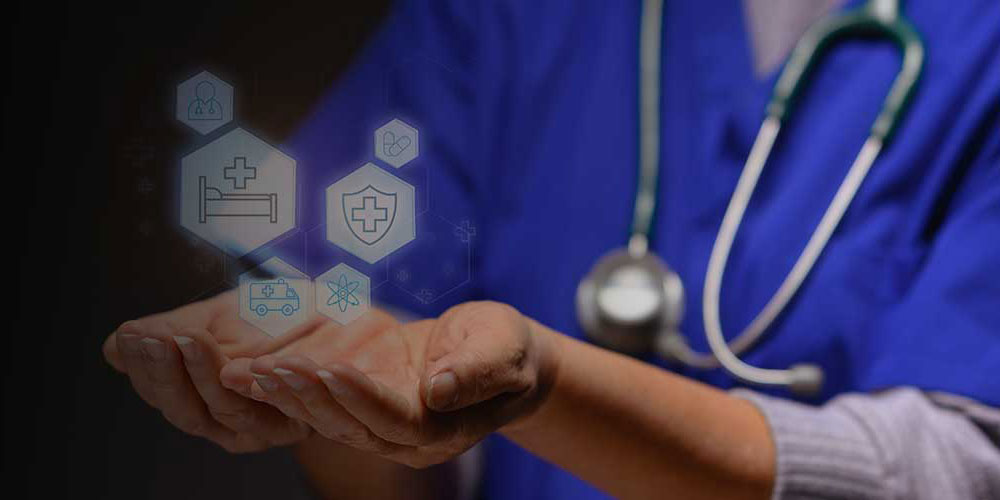 nurse's hands with medical icons inside of floated hexagons