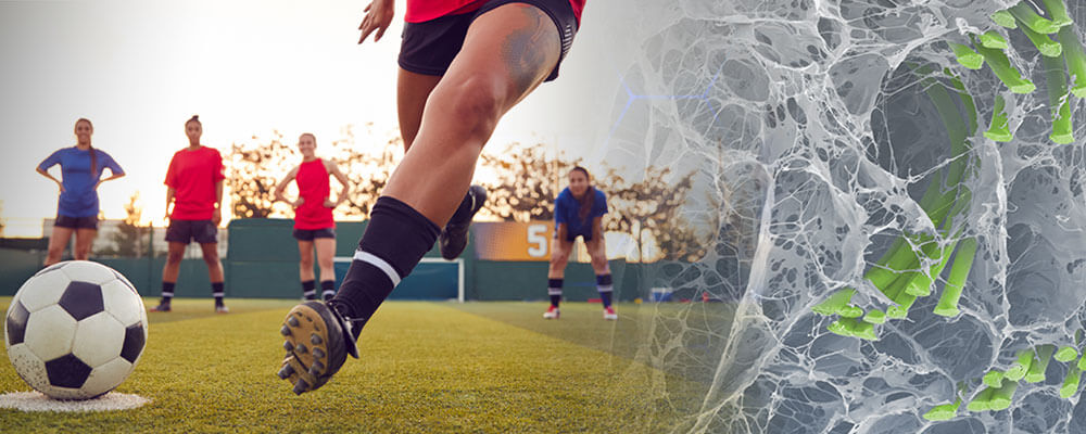 soccer kicker with biobrace scaffolding to the right